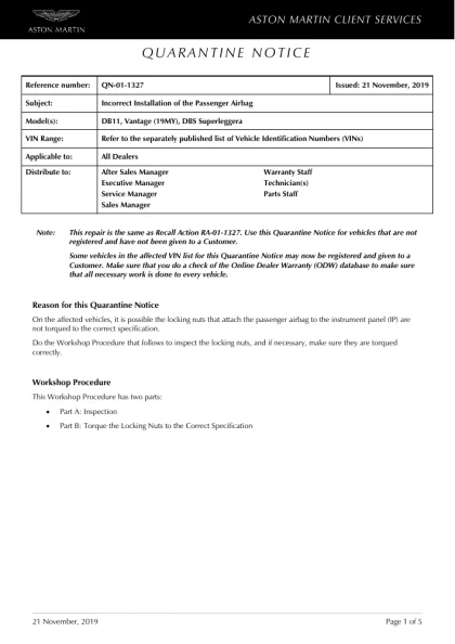 First page of the original QN-01-1327 factory document