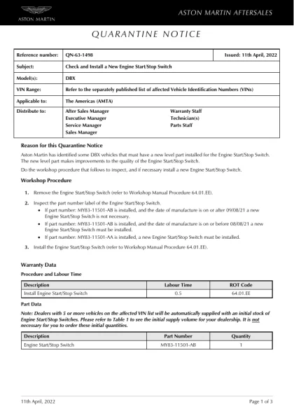 First page of the original QN-63-1498 factory document