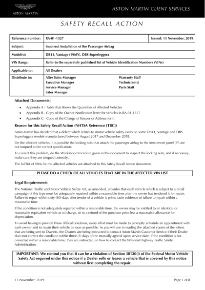 First page of the original RA-01-1327 factory document