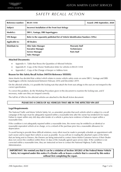 First page of the original RA-01-1418 factory document