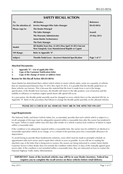 First page of the original RA-03-0016 factory document