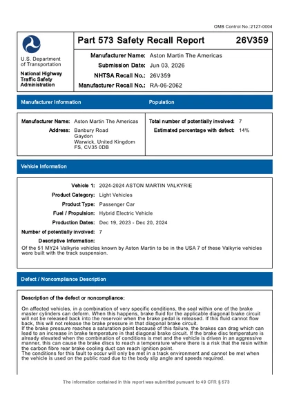 First page of the original RA-06-2062 recall report