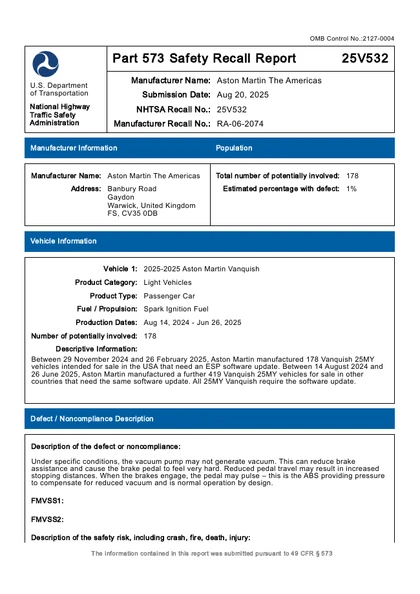 First page of the original RA-06-2074 recall report