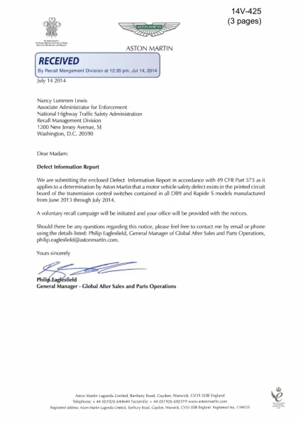 First page of the original RA-07-0018 recall report