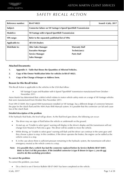 First page of the original RA-07-0023 factory document