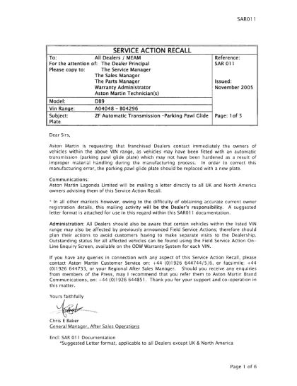 First page of the original SAR011 factory document