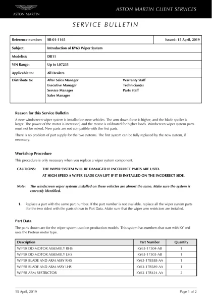 First page of the original SB-01-1165 factory document
