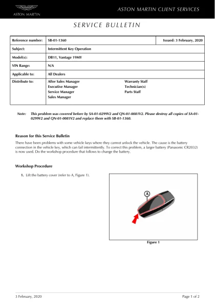 First page of the original SB-01-1360 factory document