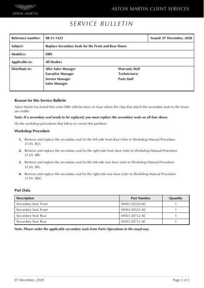 First page of the original SB-31-1423 factory document