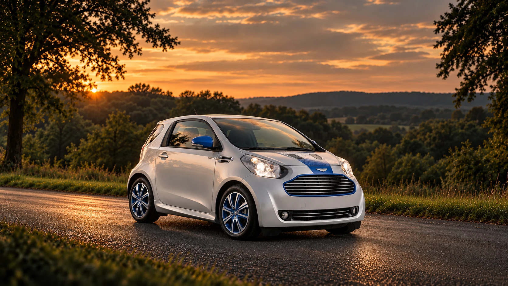 Aston Martin Cygnet & colette (2011 limited series), AI-generated editorial illustration in front three-quarter view facing right at dusk