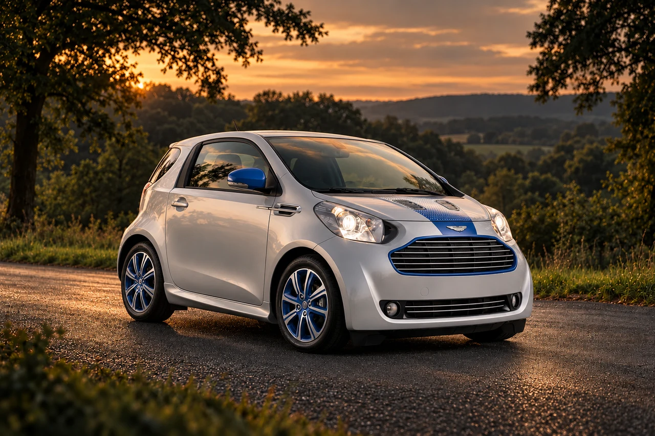 Aston Martin Cygnet & colette (2011 limited series), AI-generated editorial illustration in front three-quarter view facing right at dusk