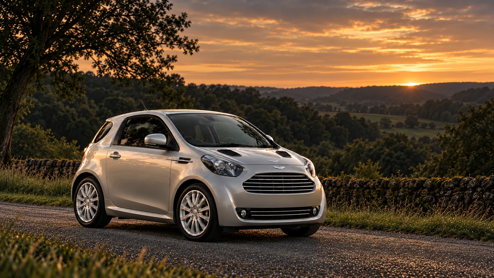 Aston Martin Cygnet (2011-2013), AI-generated editorial illustration in front three-quarter view facing right at dusk