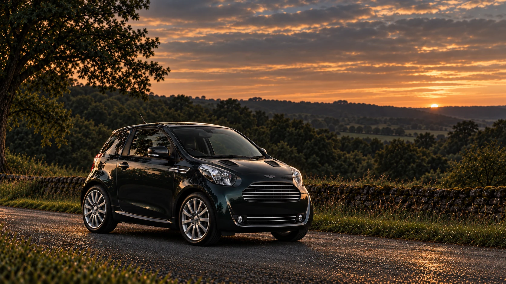 Aston Martin Cygnet Launch Edition Black (2011), AI-generated editorial illustration in front three-quarter view facing right at dusk