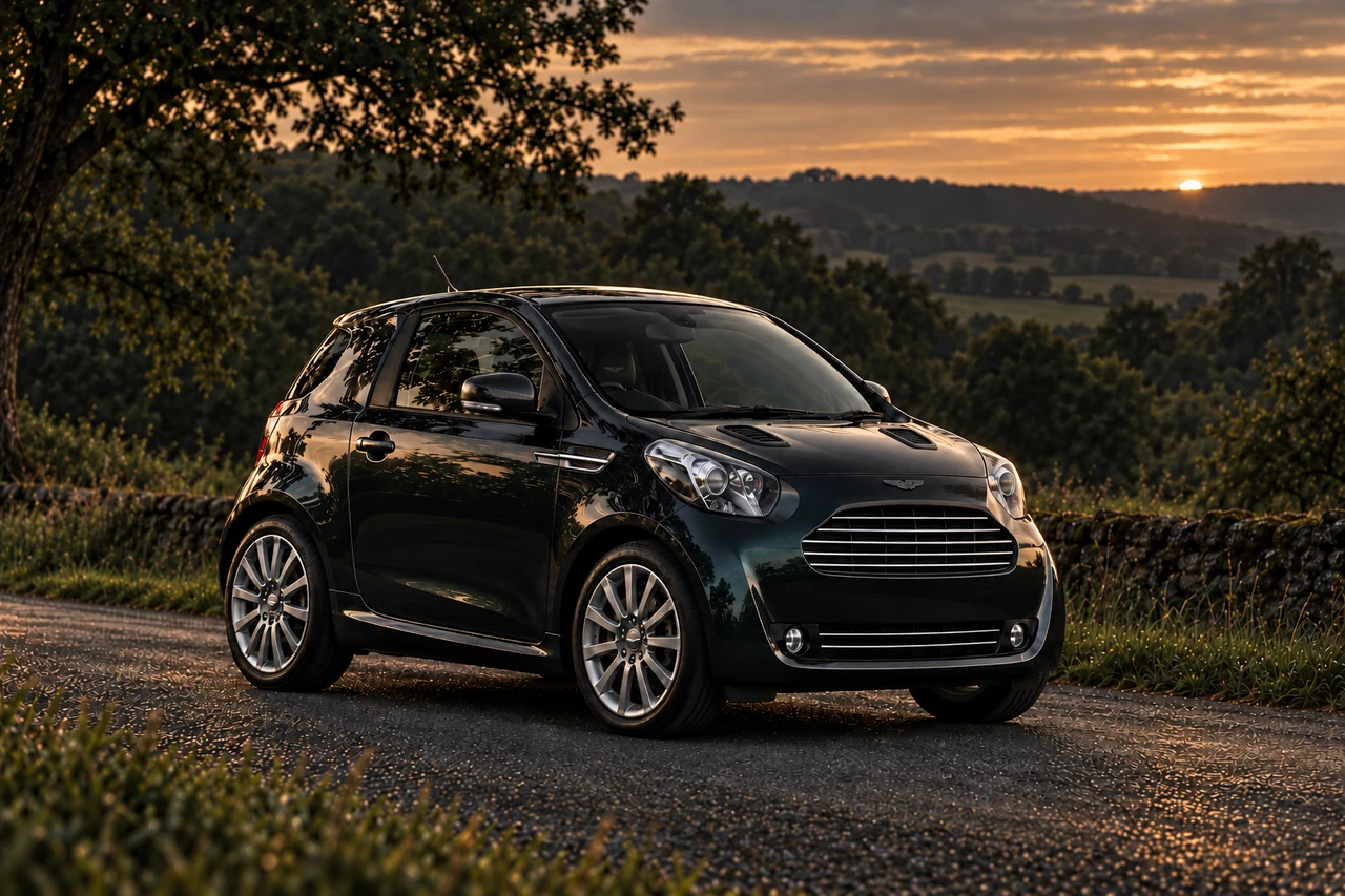 Aston Martin Cygnet Launch Edition Black (2011), AI-generated editorial illustration in front three-quarter view facing right at dusk
