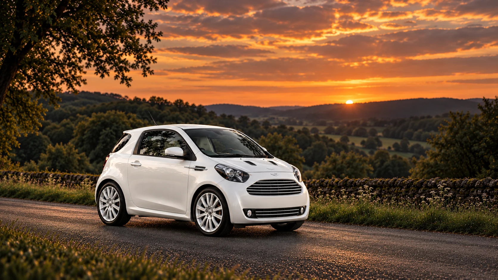 Aston Martin Cygnet Launch Edition White (2011), AI-generated editorial illustration in front three-quarter view facing right at dusk