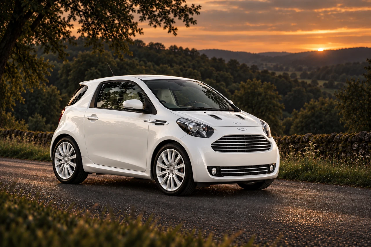 Aston Martin Cygnet Launch Edition White (2011), AI-generated editorial illustration in front three-quarter view facing right at dusk