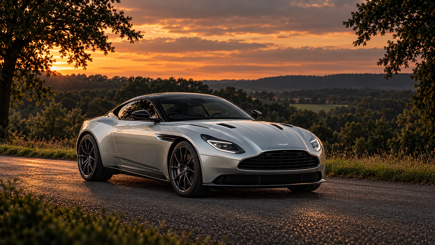 Aston Martin DB11 AMR (2018-2021), AI-generated editorial illustration in front three-quarter view facing right at dusk