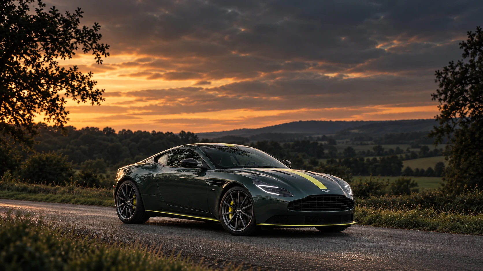 Aston Martin DB11 AMR Signature Edition (2018), AI-generated editorial illustration in front three-quarter view facing right at dusk