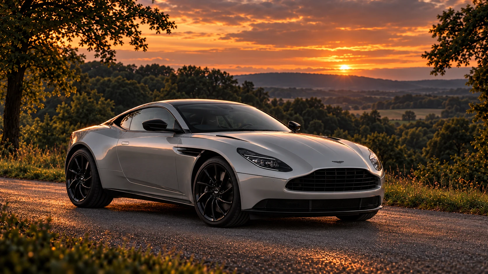 Aston Martin DB11 Shadow Edition Coupé (2020-2021), AI-generated editorial illustration in front three-quarter view facing right at dusk