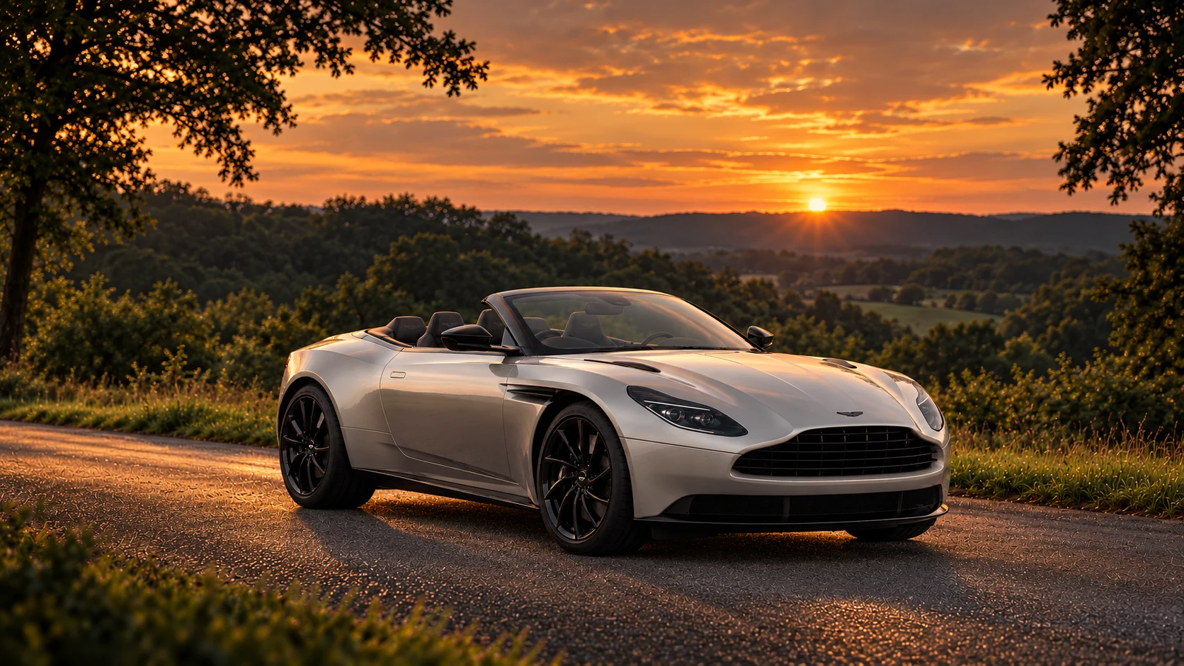 Aston Martin DB11 Shadow Edition Volante (2020-2021), AI-generated editorial illustration in front three-quarter view facing right at dusk