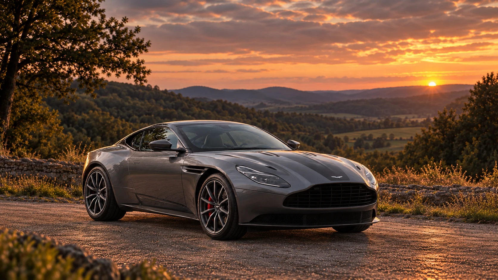 Aston Martin DB11 V12 Coupé 22MY-23MY (2022-2023 model years), AI-generated editorial illustration in front three-quarter view facing right at dusk