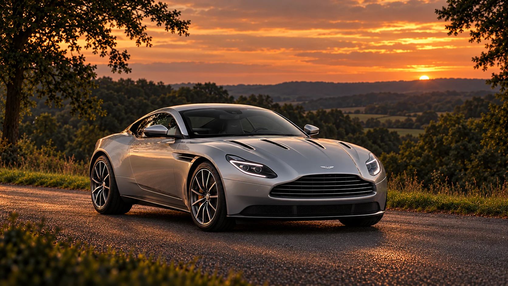 Aston Martin DB11 V12 Coupé (2016-2018), AI-generated editorial illustration in front three-quarter view facing right at dusk