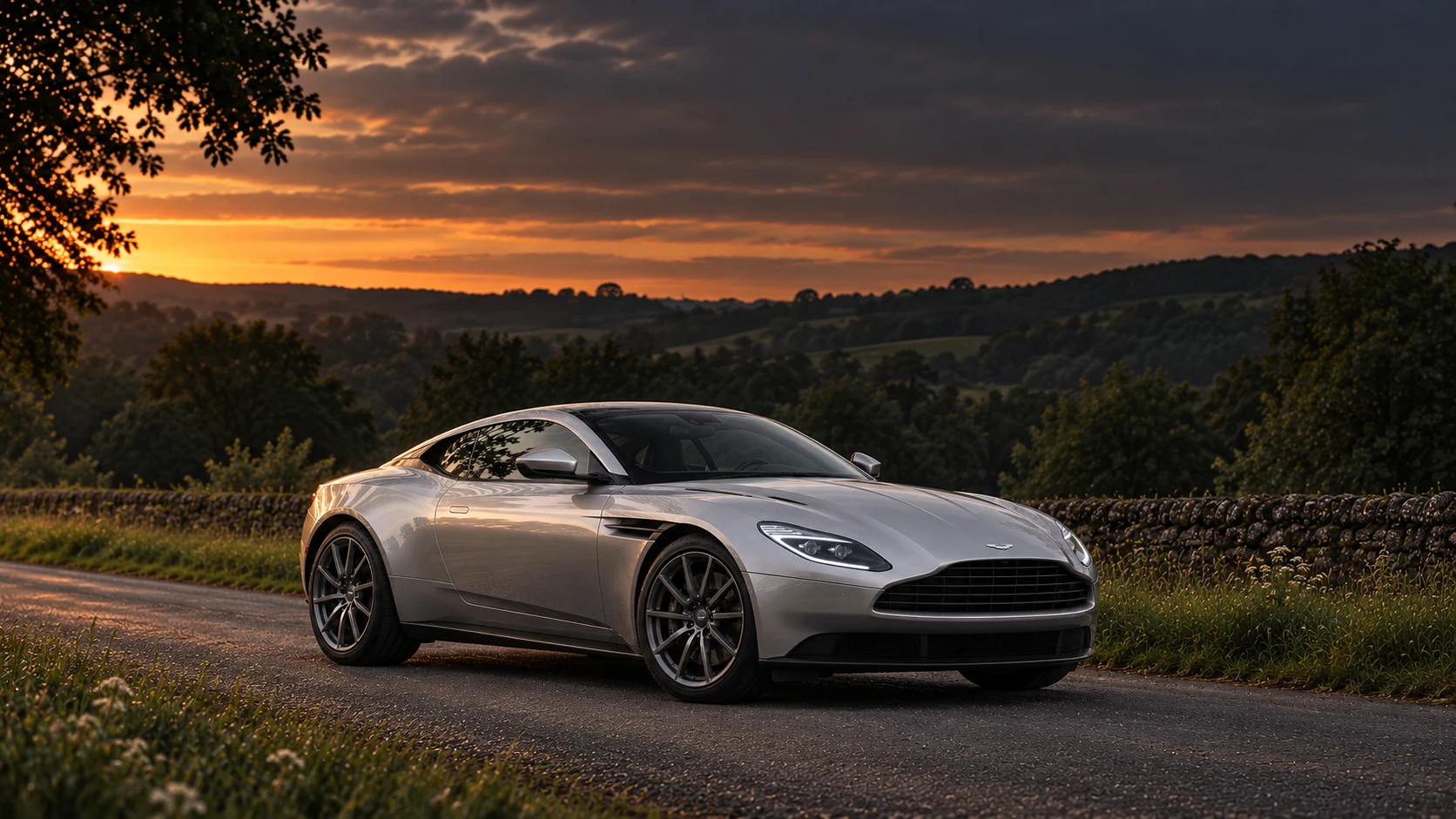 Aston Martin DB11 V8 Coupé (2017-2023), AI-generated editorial illustration in front three-quarter view facing right at dusk