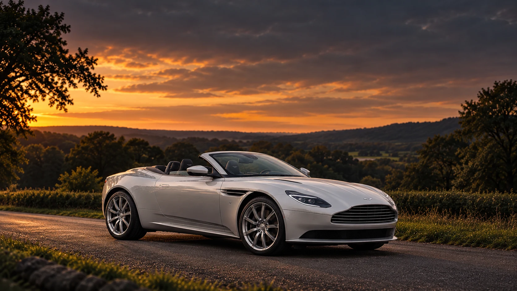 Aston Martin DB11 Volante (2018-2023), AI-generated editorial illustration in front three-quarter view facing right at dusk