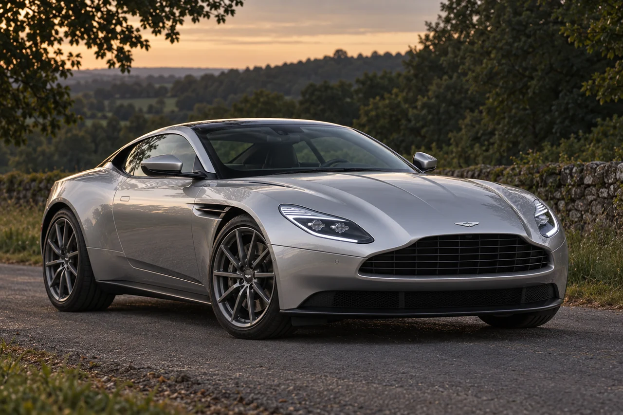 Silver DB11 on a quiet country road at dusk