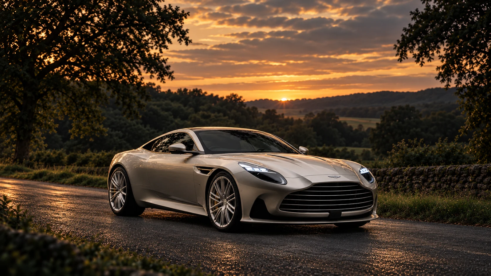 Aston Martin DB12 Goldfinger Edition (2024-2025), AI-generated editorial illustration in front three-quarter view facing right at dusk