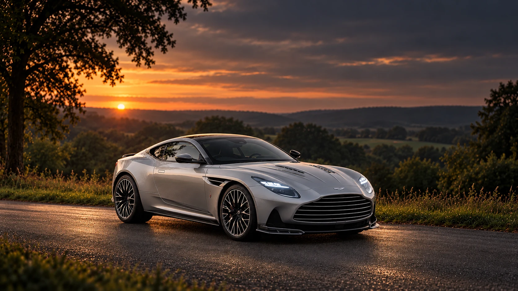 Aston Martin DB12 S Coupé (2025 announced; deliveries scheduled Q1 2026), AI-generated editorial illustration in front three-quarter view facing right at dusk