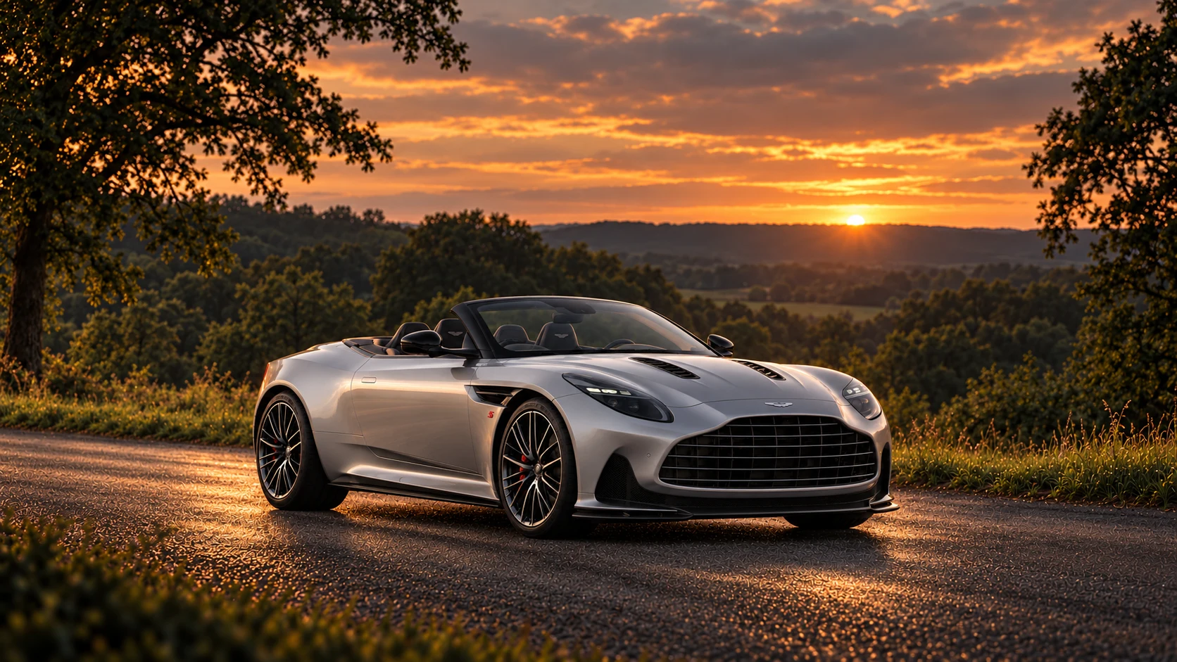 Aston Martin DB12 S Volante (2025 announced; deliveries scheduled Q1 2026), AI-generated editorial illustration in front three-quarter view facing right at dusk