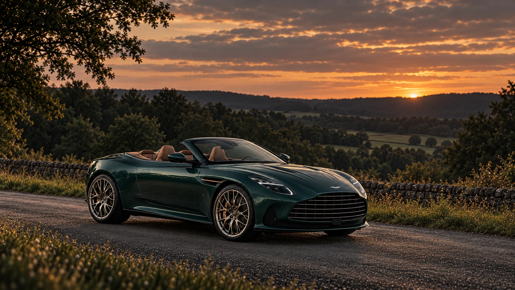 Aston Martin DB12 Volante 60th Anniversary Edition (2025-2026), AI-generated editorial illustration in front three-quarter view facing right at dusk