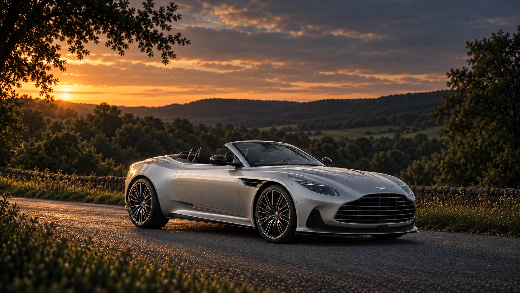 Aston Martin DB12 Volante (2023-present), AI-generated editorial illustration in front three-quarter view facing right at dusk