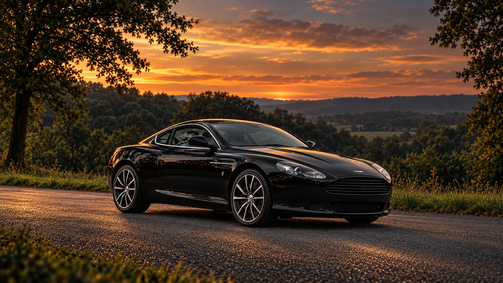Aston Martin DB9 Carbon Black (2010) Coupé (2010-2012), AI-generated editorial illustration in front three-quarter view facing right at dusk