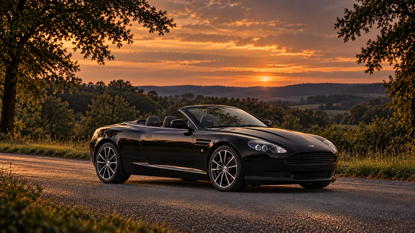 Aston Martin DB9 Carbon Black (2010) Volante (2010-2012), AI-generated editorial illustration in front three-quarter view facing right at dusk