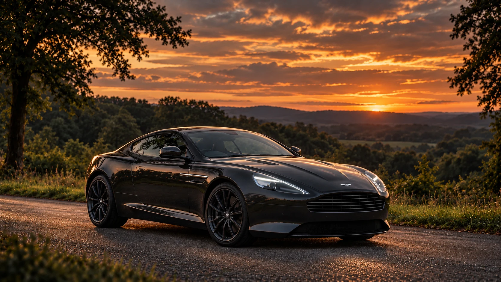 Aston Martin DB9 Carbon Black (2014) Coupé (2014-2015), AI-generated editorial illustration in front three-quarter view facing right at dusk