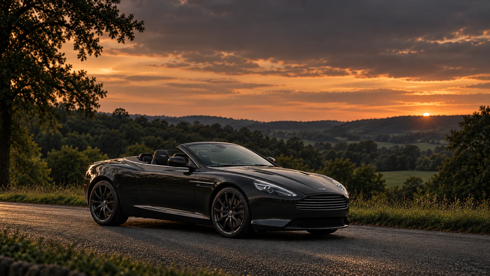 Aston Martin DB9 Carbon Black (2014) Volante (2014-2015), AI-generated editorial illustration in front three-quarter view facing right at dusk