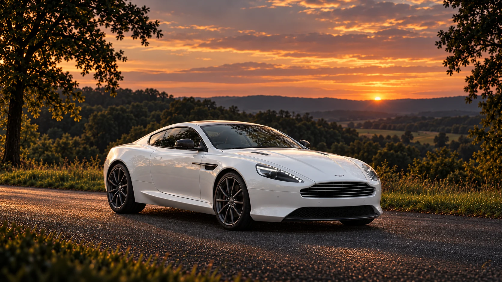 Aston Martin DB9 Carbon White (2014) Coupé (2014-2015), AI-generated editorial illustration in front three-quarter view facing right at dusk