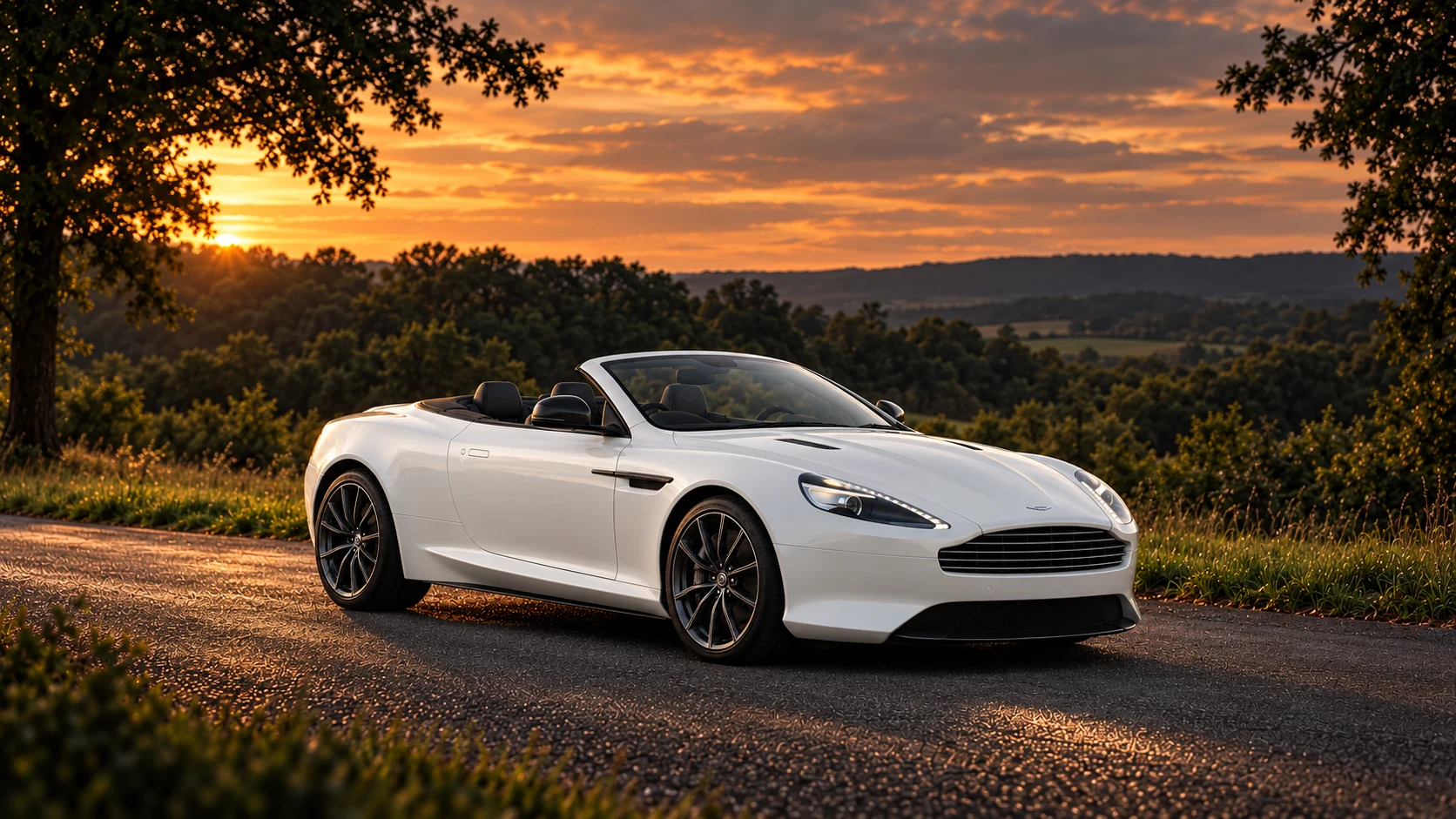 Aston Martin DB9 Carbon White (2014) Volante (2014-2015), AI-generated editorial illustration in front three-quarter view facing right at dusk