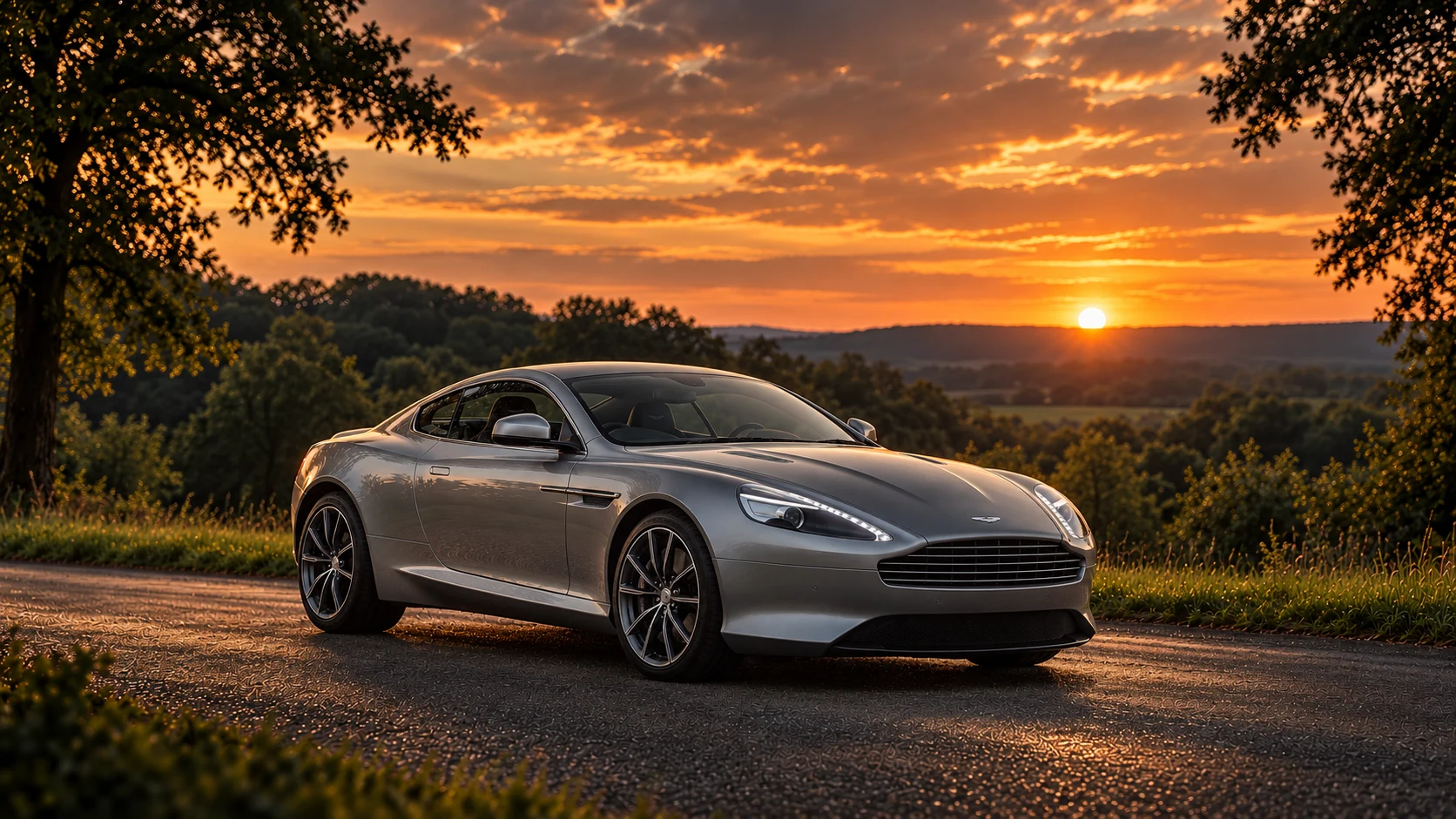 Aston Martin DB9 Centenary Edition (2013), AI-generated editorial illustration in front three-quarter view facing right at dusk