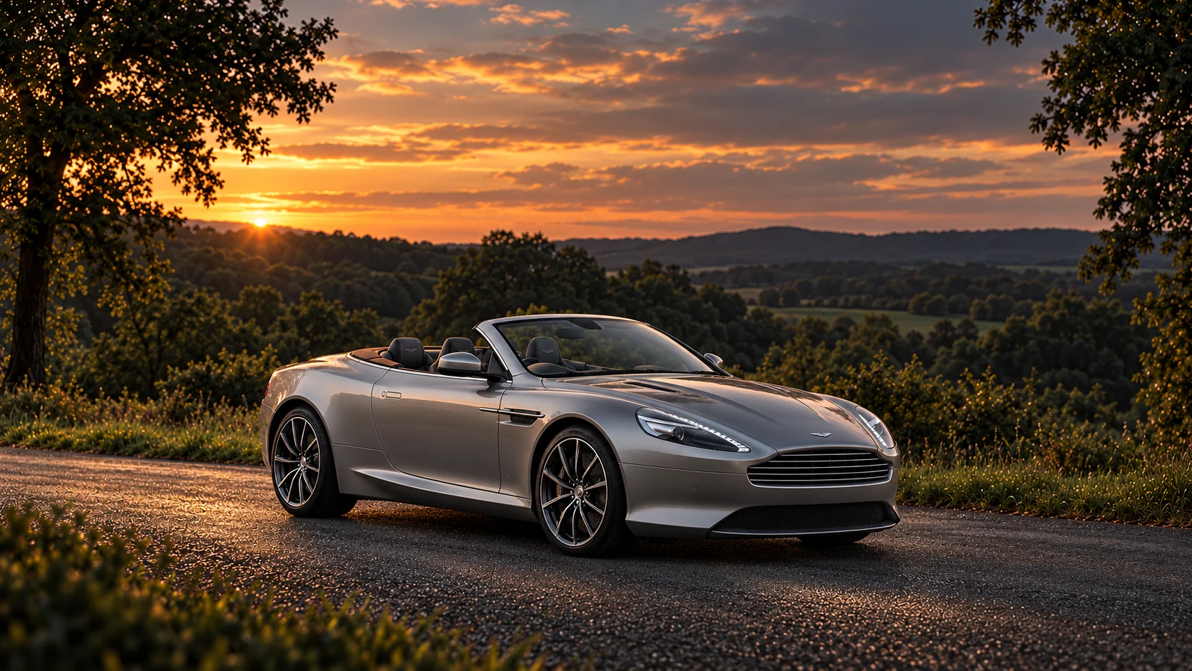Aston Martin DB9 Volante Centenary Edition (2013), AI-generated editorial illustration in front three-quarter view facing right at dusk