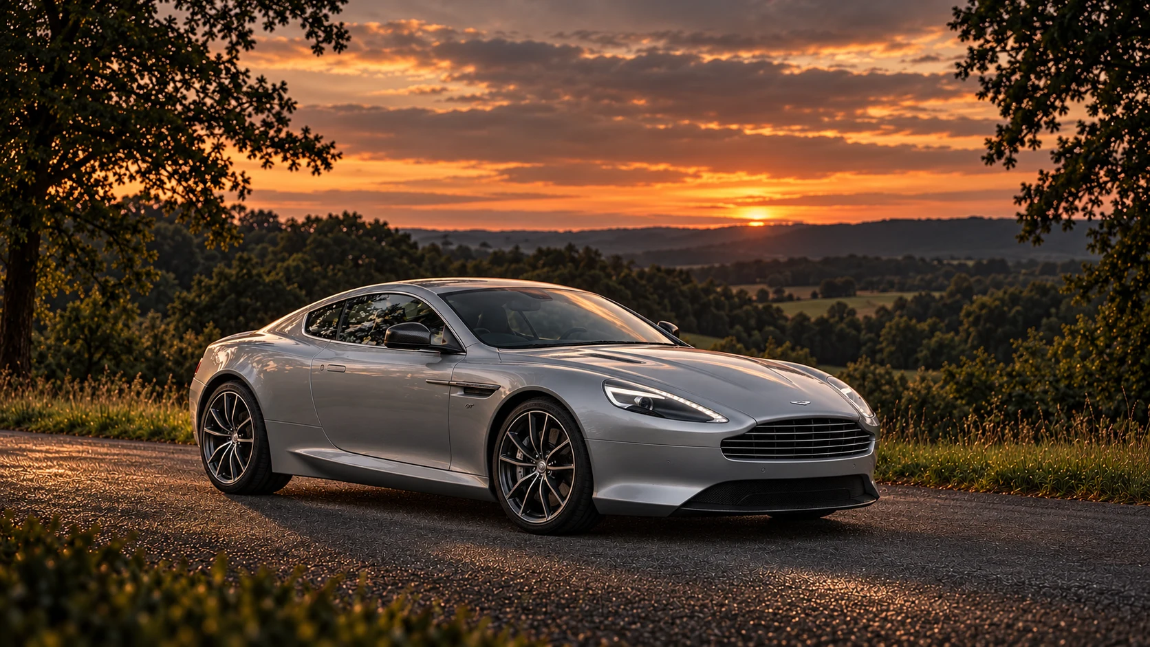 Aston Martin DB9 GT Bond Edition (2015-2016), AI-generated editorial illustration in front three-quarter view facing right at dusk