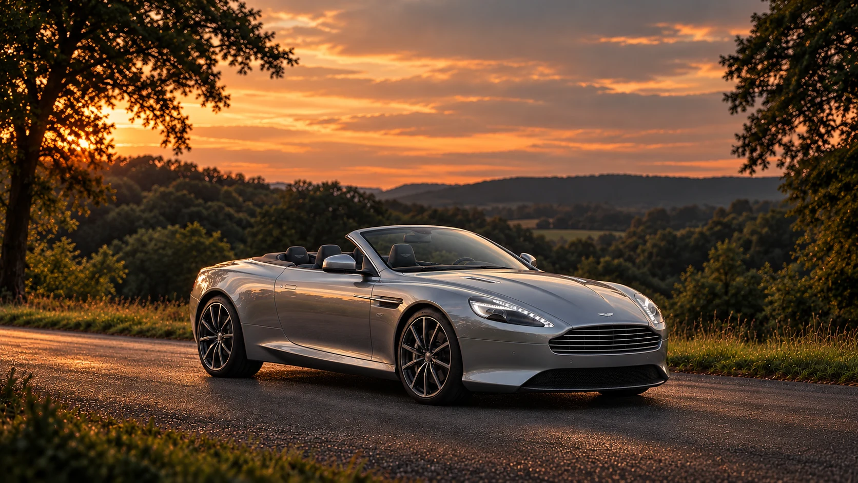 Aston Martin DB9 GT Bond Edition Volante (2015-2016), AI-generated editorial illustration in front three-quarter view facing right at dusk