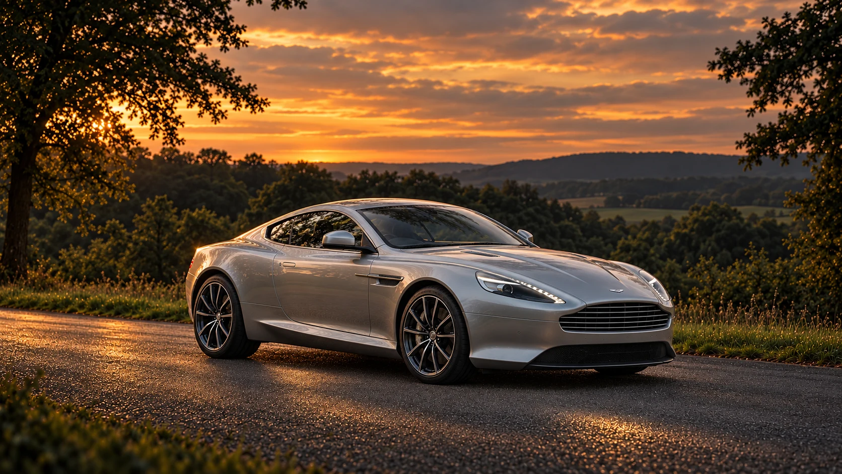 Aston Martin DB9 GT Coupé (2015-2016), AI-generated editorial illustration in front three-quarter view facing right at dusk
