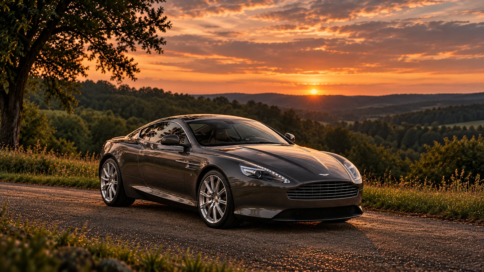 Aston Martin DB9 GT Last of the 9 Coupé (2016 limited series), AI-generated editorial illustration in front three-quarter view facing right at dusk