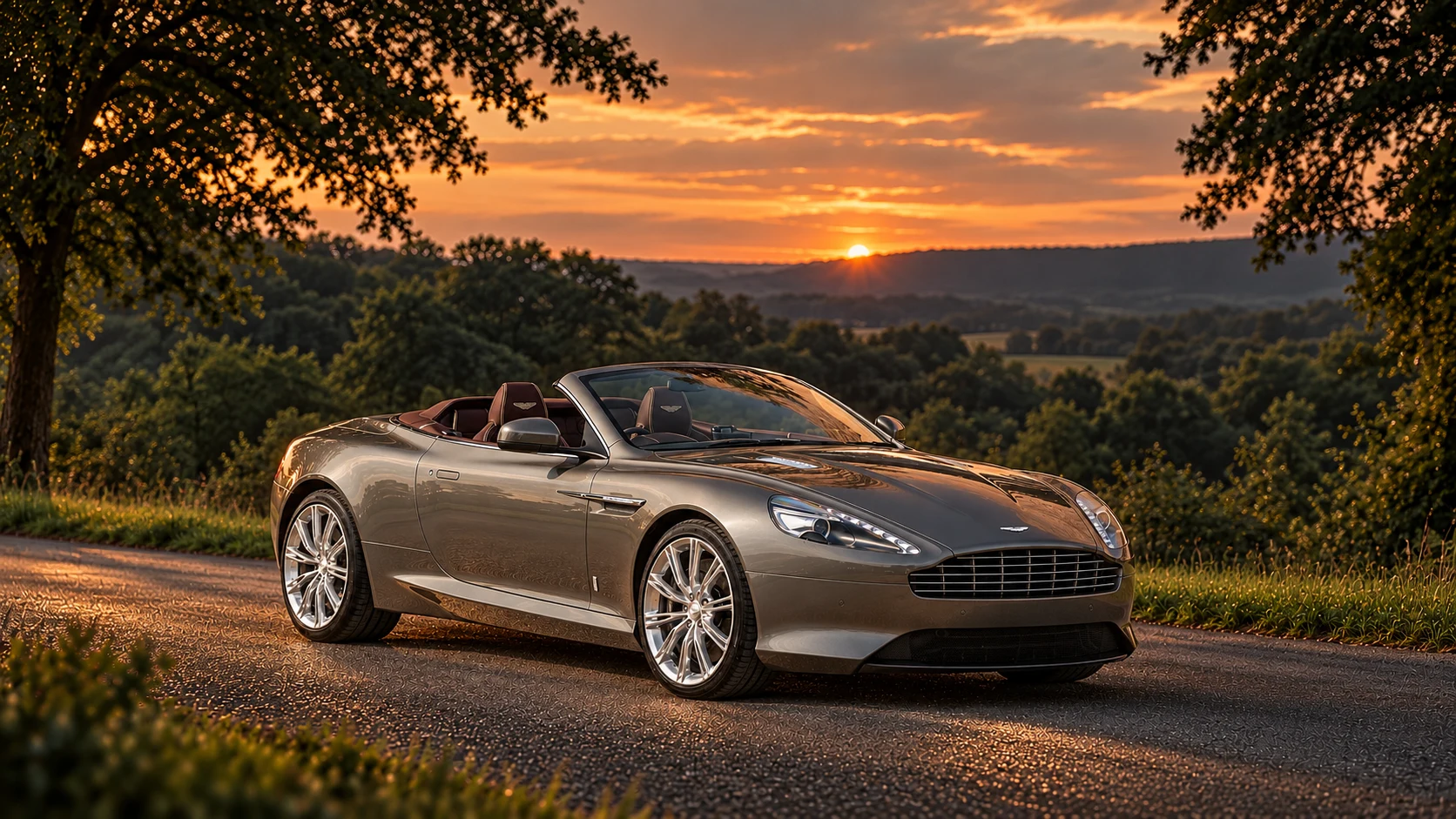 Aston Martin DB9 GT Last of the 9 Volante (2017 historical record; build year unverified), AI-generated editorial illustration in front three-quarter view facing right at dusk
