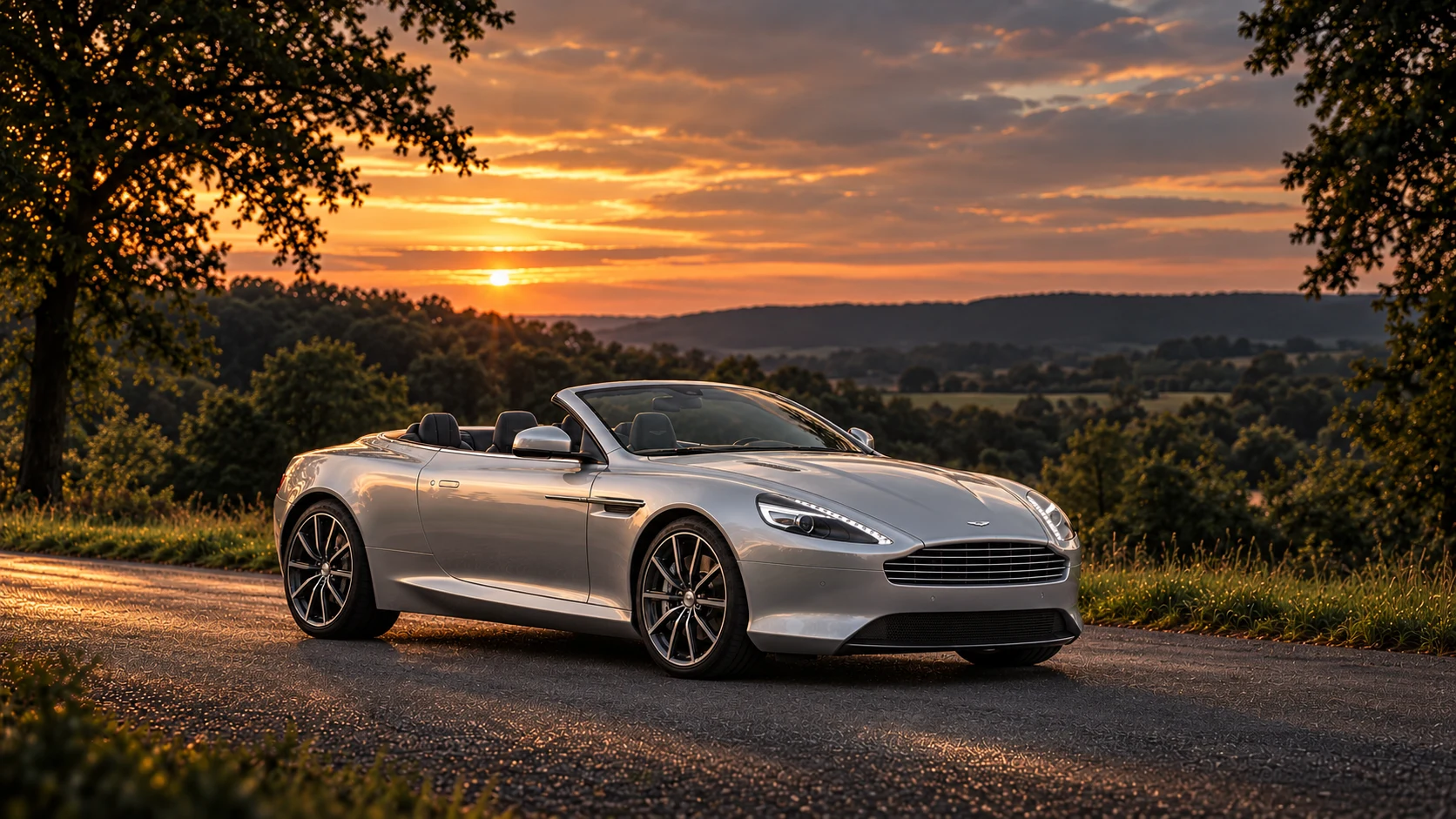 Aston Martin DB9 GT Volante (2015-2016), AI-generated editorial illustration in front three-quarter view facing right at dusk