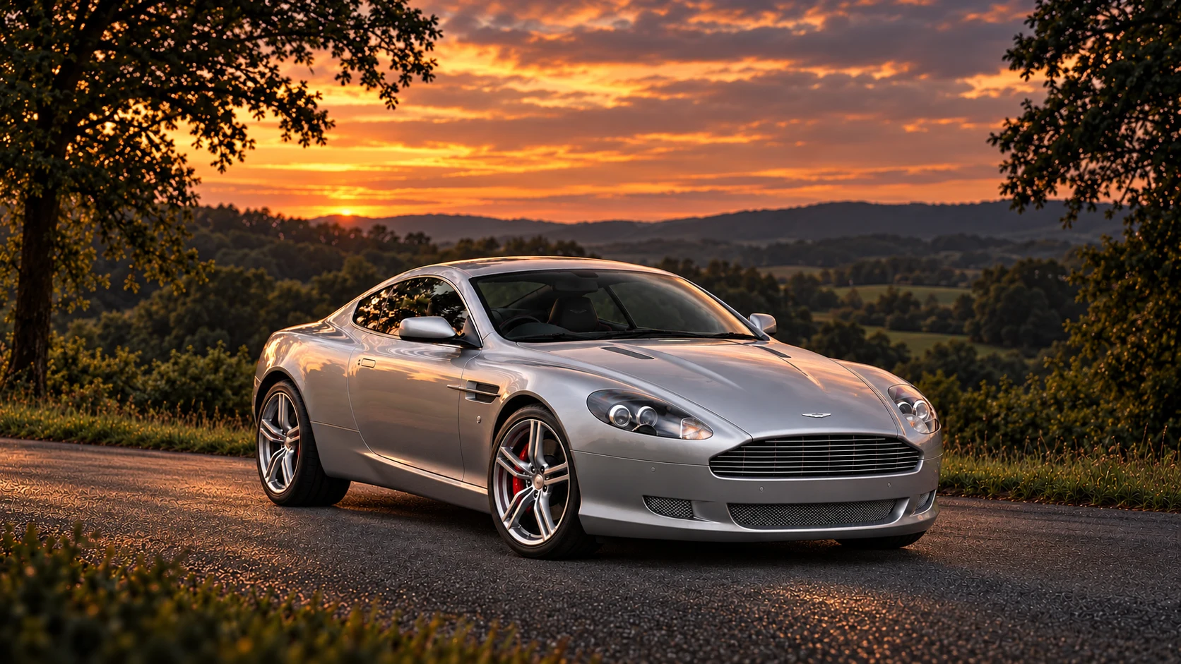 Aston Martin DB9 LM (2008 model year), AI-generated editorial illustration in front three-quarter view facing right at dusk