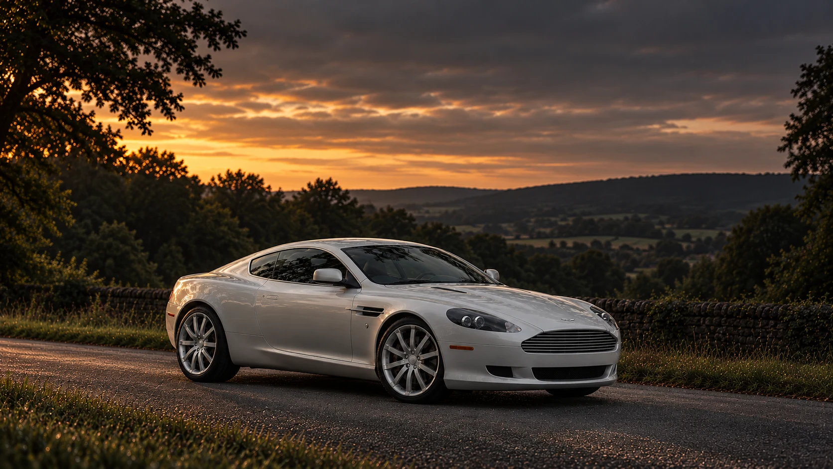 Aston Martin DB9 Morning Frost (2010) Coupé (2010-2012), AI-generated editorial illustration in front three-quarter view facing right at dusk